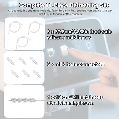 3pcs Milk Tubes Hoses, with 6 Connectors 1 Brush Silicone Milk Container Pipe Replacement Accessories Compatible with Jura ENA E8 GIGA 6 10 W10 Z5 Z6 Z7 Z8 Z9 Z10 J6 J8 J9 S80 WE8 Coffee Machine