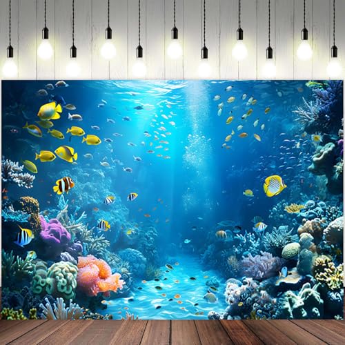 6x4ft Under The Sea Backdrop Underwater World Tropical Fish Photography Background Ocean Aquarium Corals Sunlight Banner Decorations Undersea Party Photo Booth Props - size: 6x4ft