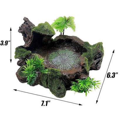 Reptile Feeding Bowl Resin Turtle Food Water Dish Terrarium Tank Decor with Artificial Plants for Lizard Gecko Chameleon Frog Spider