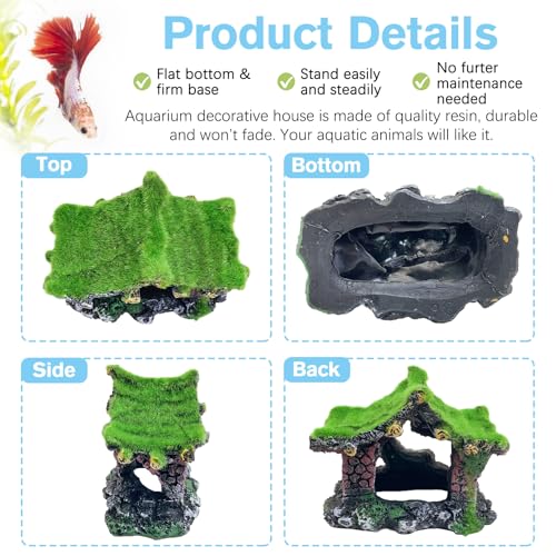 Resin Hollow Hideout House for Aquarium Decoration Fish Tank Accessories Betta Cave with Lifelike Moss for Shrimp Fish Shelter - style: Pavilion