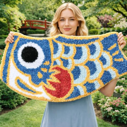 Cute Fish Bath Mat For Bathroom, Japanese Koi Flag Soft Water Absorbent, Non-Slip, Machine Washable (Blue)