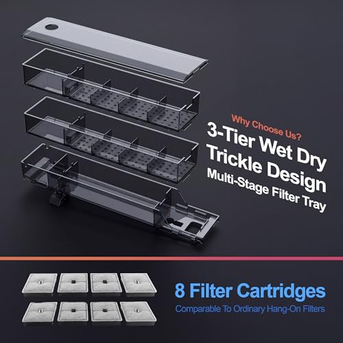 3-Tier Wet-Dry Trickle Aquarium Filter, Smoke Clear Filter Box, 476 GPH 3-in-1 Water Pump, Ultra Quiet, Adjustable Bracket, Easy Maintenance, For 20-80 Gallon Freshwater Saltwater Turtle Tanks