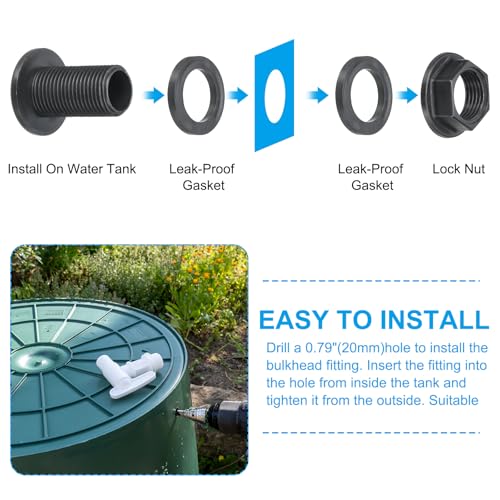 PATIKIL Polypropylene Bulkhead Fitting 1/2", Bulkhead Water Tank Connector with Silicone Seal Gasket Garden Hose Fitting for Rain Bucket, Sinks, Aquariums, Black
