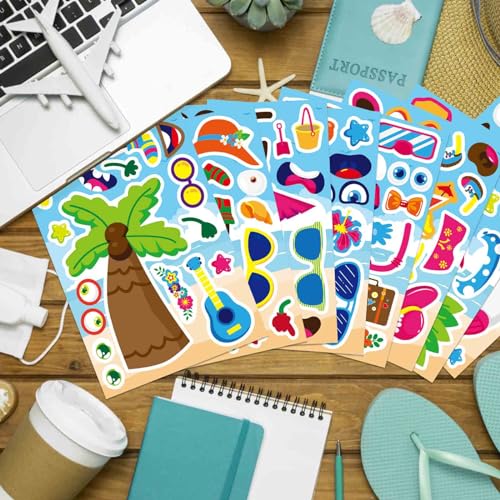 24 Sheets Summer Make a Face Sticker Hawaii Tropical Pool Beach Stickers for Kids, Make Your Own Watermelon Pineapple Flamingo Stickers, Summer Holiday Party Favors - style: Summer Stickers