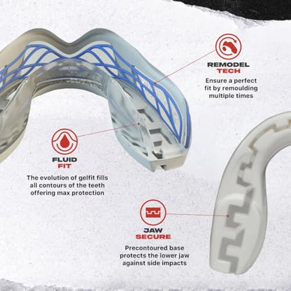 SAFEJAWZ Sports Mouth Guard Triple Layer Premium Protection with Shock-Cage | Adult 12+ Years, WhiteGum Shield with Case, Easy Fit Remouldable, Anti Gag, Rugby, Boxing, MMA, Hockey, Contact Sports - color: White