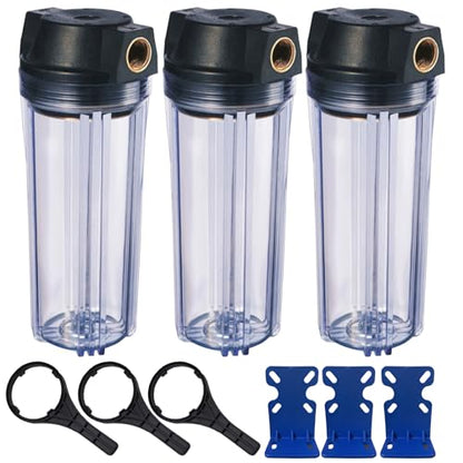 Geekpure 10-Inch Whole House Slim Water Filter Housing with Pressure Relief Valve - 3/4" NPT Brass Port-Fit for 2.5" x 10" Filters-Clear Pack of 3