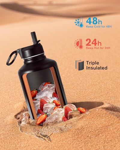Coolflask Half Gallon Water Bottle Insulated with Straw & 3 Leakproof Lids - color: Piano Night, size: 64 Ounces