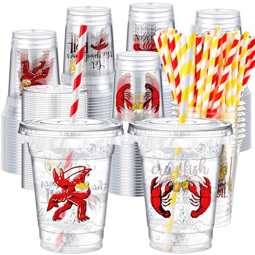 Domensi 50 Pack 12oz Crawfish Boil Plastic Cups with Straws, Disposable Seafood Party Supplies for Lobster Feast, Cajun Style Birthday Table Decorations, Bulk Low Country Picnic Drinkware Favors