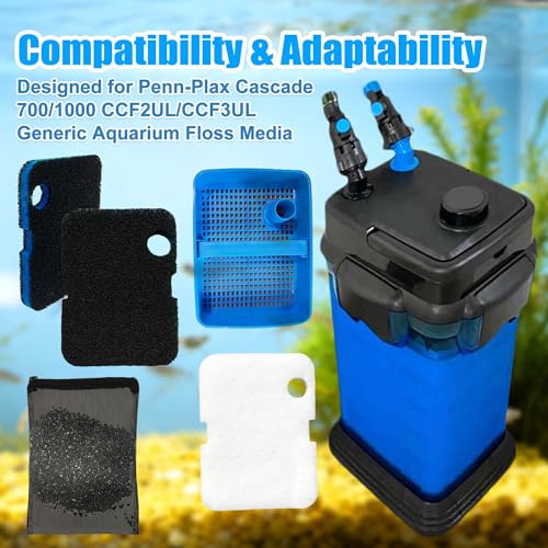 10PCS Replacement Filter Kit for Cascade 700/1000 CCF2UL/CCF3UL Aquarium Floss Media, 2 Upgraded Carbon-Coarse-Activated Carbon Filter Pads, 6 White Floss, 2 Activated Carbon Bags