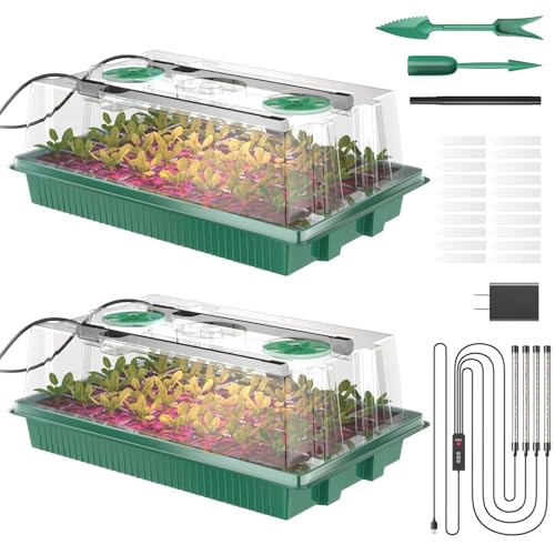 Seed Starter Tray, 80-Cells Seedling Starter Trays with Grow Light and Humidity Dome, Reusable Seed Germination Kit for Indoor Gardening Seed Starting (2 Pack, Green Base)
