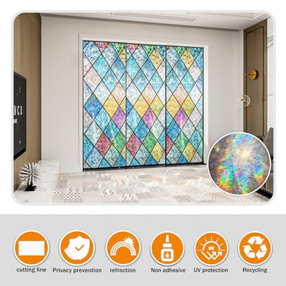 Rainbow Privacy Window Film Stained Glass Window Film That is Adhesive-Free, Residue-Free, Reusable, and Easy to Install with Tools. (Rainbow, 17.5 X 78.7 in) - color: Rainbow, size: 17.5 x 78.7 In