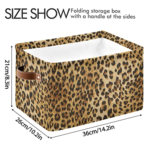 Leopard Print Storage Bin Animal Canvas Toys Storage Basket Bin Large Storage Cube Box Collapsible with Handles for Home Office Bedroom Closet Shelves，1 pc