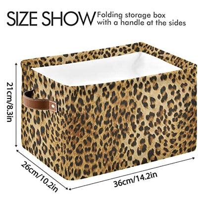 Leopard Print Storage Bin Animal Canvas Toys Storage Basket Bin Large Storage Cube Box Collapsible with Handles for Home Office Bedroom Closet Shelves，1 pc