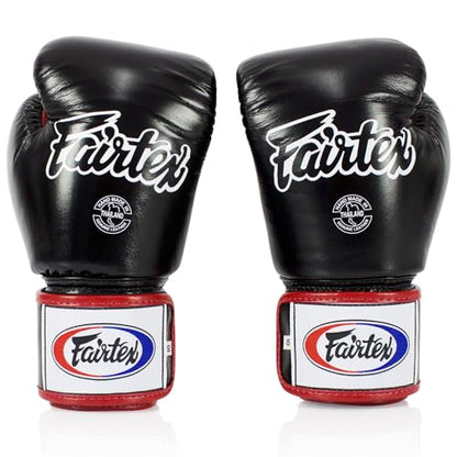 Fairtex SP5 Black Large Shin Guards + BGV1 16 oz Black/White/Red Glove Muay Thai Handwrap Black 180 inch