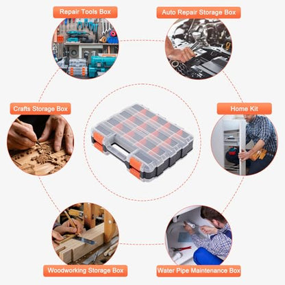 Small Parts Organizer, 34 Compartments Double Side Tool Box with Removable Dividers and Transparent Lid, Plastic Tackle Box Organizer for Hardware, Screws, Bolts, Nails, Nuts, Beads, Jewelry, Orange