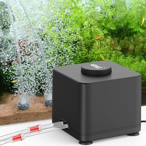 hygger Aquarium Air Pump, Quiet Adjustable Fish Tank Air Pump, 4W/7W/11W Powerful Oxygen Aerator Dual Stainless Steel Outlets with Air Stone Bubbler for Small Medium Large Fish Tank, Hydroponic - size: 4W(Tank Up to 120 Gallon)