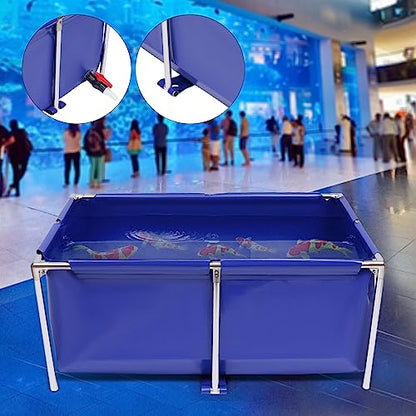 Canvas Fish Pond Aquarium Fish Water Tank, Koi Breeding Pond with Metal Frame and Drain Valve,Blue Cuboid Ornamental Swimming Pool Foldable Water Storage Above Ground Pond for Home