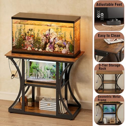 50 Gallon Aquarium Stand with Power Outlets Fish Tank Stand with 3-Tier Storage Shelves Display Stand for Turtle Tank Shelves Metal Frame Stand for Living Room Office Entryway,Brown