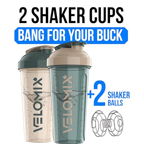 VELOMIX 2 Pack 28oz Protein Shaker Bottle for Protein Mixes, Blue/Beige - color: A9) Blue / Beige