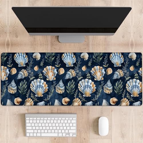 Seashell Print Gaming Mouse Pad, Blue and Gold Seashells Large Desk Mat for Computer, Extended Keyboard Laptop Mouse Pads 31.5×11.8in, Non Slip Rubber Mousepad for Office Decor Gifts