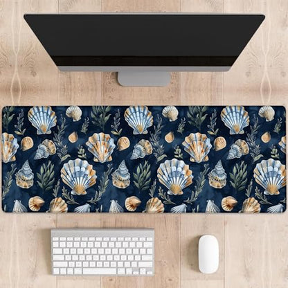 Seashell Print Gaming Mouse Pad, Blue and Gold Seashells Large Desk Mat for Computer, Extended Keyboard Laptop Mouse Pads 31.5×11.8in, Non Slip Rubber Mousepad for Office Decor Gifts
