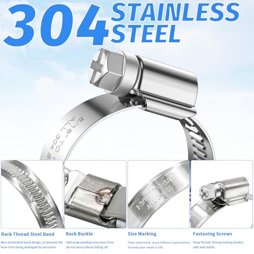 12PCS Adjustable Hose Clamps, 304 Stainless Steel Worm Gear Clamp, 1/2"-3/4"(13-19mm), Rolled Edge No Perforations, Heavy Duty Reusable Pipe Clamp for Home, Auto, Industrial, Garden, Boat, Marine - size: 1/2" hose clamp to 3/4" hose clamp