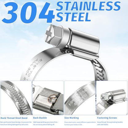 12PCS Adjustable Hose Clamps, 304 Stainless Steel Worm Gear Clamp, 1/2"-3/4"(13-19mm), Rolled Edge No Perforations, Heavy Duty Reusable Pipe Clamp for Home, Auto, Industrial, Garden, Boat, Marine - size: 1/2" hose clamp to 3/4" hose clamp