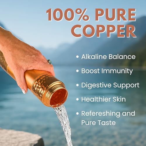 Pure Copper Water Bottle For Drinking Water with Straw and Sports Lid 33.5oz / 950ml Ayurveda Copper Bottle for Ayurvedic Health Benefits, Leak-Proof Split Hammered Design Vessel, Drink Water Daily - color: Black Lid