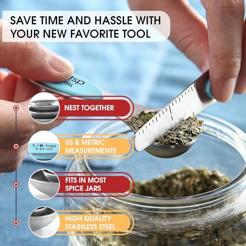 Spring Chef Stainless Steel Magnetic Measuring Spoons Set of 8 with Leveler, Nesting Metal Teaspoon & Tablespoon Measuring Spoons, Fits in Spice Jars, Kitchen Gadgets for Baking & Cooking - Aqua Sky - color: Blue (Aqua Sky), size: 1-Pack