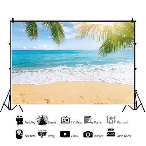 5x3ft Sea Beach Backdrop Seaside Sand Beach Sea Wave Tropical Palm Leaf Photography Backdrops for Photo Shoots Holiday Party Adult Personal Portrait Photo Background Studio Props - size: 5x3ft