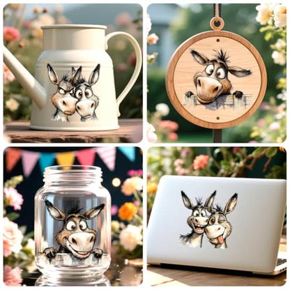 Peacoblue 18 Sheets Rub on Transfers for Crafts, Funny Donkey 3.6"x3.9" UV DTF Cup Wraps Waterproof Rub on Cold Transfers Stickers for Wood Glass Metal Cup Tumblers Mirrors Mugs Home Decor - style: Funny Donkey