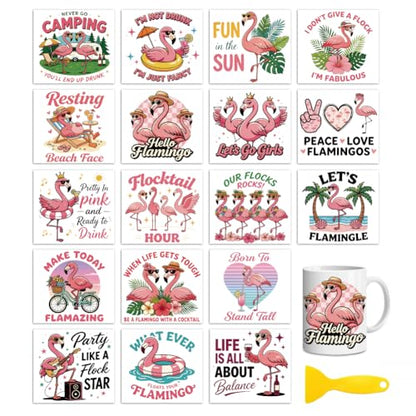Peacoblue 18 Sheets Rub on Transfers for Crafts, Flamingos with Humor Quotes 3.6"x3.9" UV DTF Cup Wraps Waterproof Cold Transfers Stickers for Wood Glass Metal Cup Tumblers Mirrors Mugs Home Decor - style: Flamingos with Humor Quotes