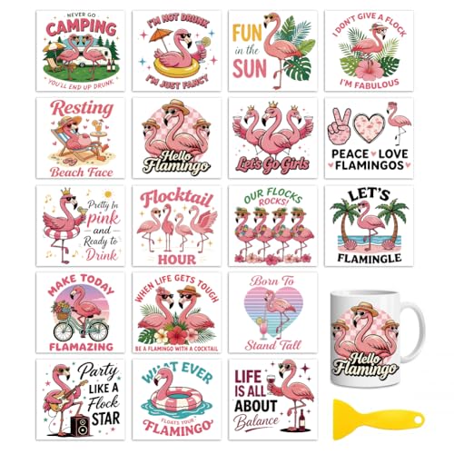 Peacoblue 18 Sheets Rub on Transfers for Crafts, Flamingos with Humor Quotes 3.6"x3.9" UV DTF Cup Wraps Waterproof Cold Transfers Stickers for Wood Glass Metal Cup Tumblers Mirrors Mugs Home Decor - style: Flamingos with Humor Quotes