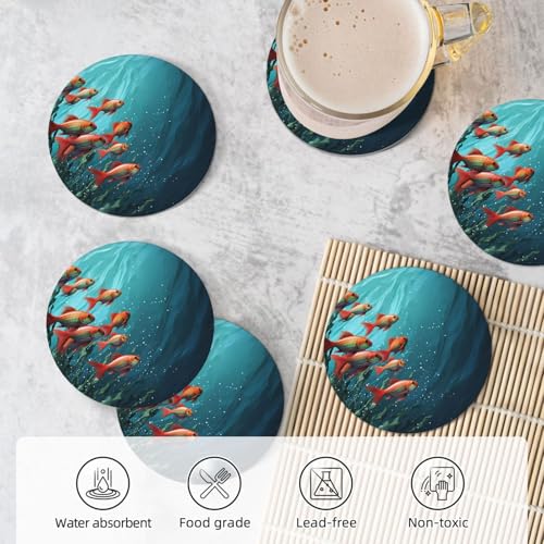 Coasters for Drinks Set of 6 Absorbent Ceramic Drinks Coasters with Holder Cup Mat Pad Fish Aquarium Decorative Coffee Cup Beverage Coasters for Tabletop Protection Home Decor