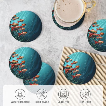 Coasters for Drinks Set of 6 Absorbent Ceramic Drinks Coasters with Holder Cup Mat Pad Fish Aquarium Decorative Coffee Cup Beverage Coasters for Tabletop Protection Home Decor