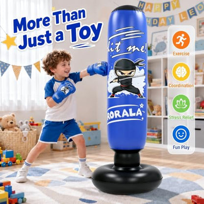 RORALA Inflatable Punching Bag for Kids with Boxing Gloves and Manual Air Pump, 66 Inch Children's Boxing Bag Set for Boys and Girls Gift Aged 3 to 12 to Practice Karate, Taekwondo