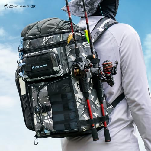 Calamus GearMaster Tackle Backpack with Bait Binder, Large Lightweight Water-Resistant Fishing Bag, Rod Holders, Food Storage - color: Black Camo With (4) 3600 Tackle Boxes