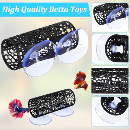 2 PCS Black Betta Fish Tank Accessories, Safe Aquarium Decoration, Betta Hollow Hammock Tunnel Cave with Suction Cups, Shrimp Hideout and Play Tube for Small Fish Shrimp Guppies