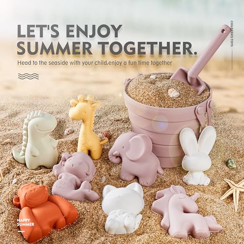 11Pcs Silicone Beach Toys,Collapsible Sand Bucket,Modern Baby Beach Toys,Travel Friendly Beach Set,Silicone Bucket,Shovel,Sand Molds, Beach Bag,Silicone Sand Toys for Toddlers, Kids (Pink)