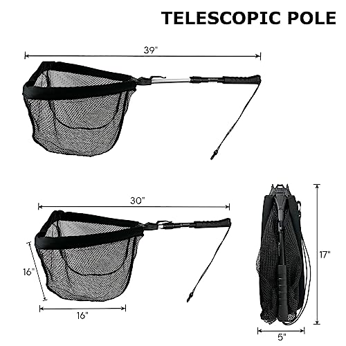 Black Paw Floating Fishing Net Foldable Telescopic Fish Landing Net with Built in Length Scale Rubber Coated for Kayak, Fly, Trout