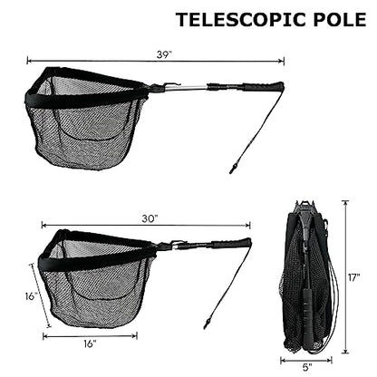 Black Paw Floating Fishing Net Foldable Telescopic Fish Landing Net with Built in Length Scale Rubber Coated for Kayak, Fly, Trout