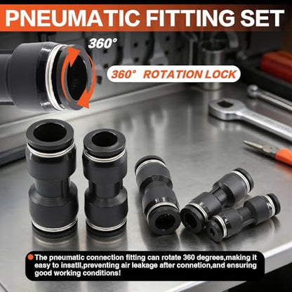 180PCS Pneumatic Quick Connect Fitting Kit: Imperial (1/8", 1/4", 5/16", 3/8", 1/2") & Metric (4,6,8,10,12mm) Push-in Air Line Connectors（Black) - color: Black