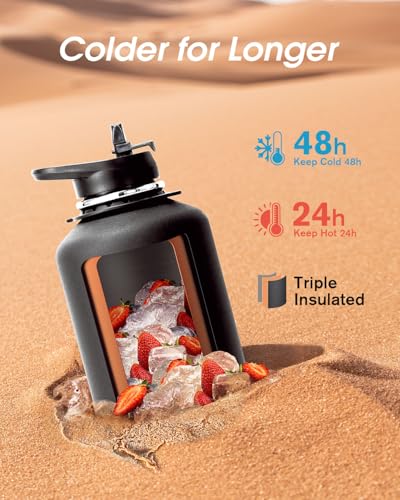 Coolflask Half Gallon Water Bottle Insulated Stainless Steel with Strap - color: Magic Black, size: 64 Ounces