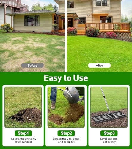Heavy-Duty Lawn Leveling Rake Levelawn Tool with 30"x10" Plate & 6.2FT Adjustable Stainless Steel Handle Effortlessly Levels Soil/Dirt Surfaces in Lawn, Garden, Backyard, Golf Course, Farm, Pasture