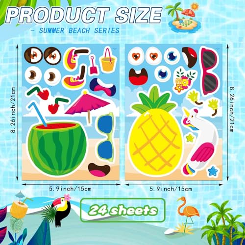 24 Sheets Summer Make a Face Sticker Hawaii Tropical Pool Beach Stickers for Kids, Make Your Own Watermelon Pineapple Flamingo Stickers, Summer Holiday Party Favors - style: Summer Stickers