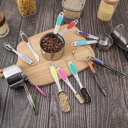 Magnetic Measuring Cups and Spoons Set, 15 Piece Stainless Steel Measuring Cups and Spoons for Measure Dry and Liquid Ingredients (Colorful) - color: Colorful