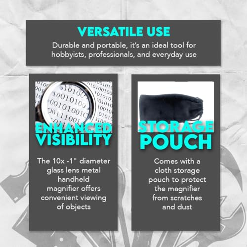 SE 10x Metal Handheld Magnifier with 1-Inch Glass Lens - Compact, Durable, Includes Cloth Storage Pouch - MI1404S