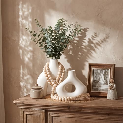 4 Pcs Rustic Country Tabletop Centerpieces Set of 2 Boho Ceramic Flower Vases Wooden Beads Garland and Gold Round Placemats for Farmhouse, Boho Home Coffee Table Decor