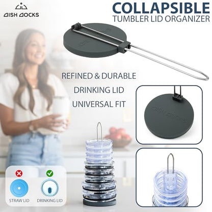 Tumbler Lid Organizer for Cabinet & Countertop - Slim Space-Saving Lid Holder with 9" Sturdy Bar & Weighted, Non-Slip Base - Vertical Storage Cup Lid Organizer - Collapsible Lid Rack for 10 Lids