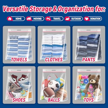 20 Gallon Jumbo Zipper Lock Plastic Bags with Handle and bottom,24" x 31"+7",Jumbo Size Reusable Storage Bag with Double Zip for Clothing,Travel,Moving,Beach,BPA-Free,3.15-Mil Thick